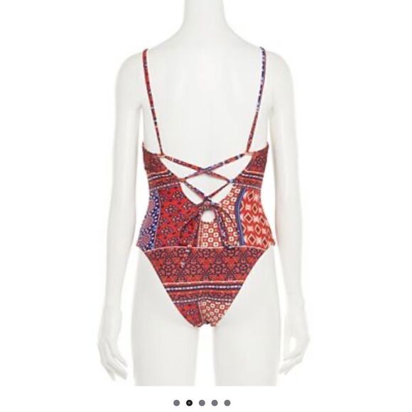 New Indigo Rein Boho‎ Patchwork Paisley One Piece Swimsuit Swim Strappy Print L - Picture 2 of 10